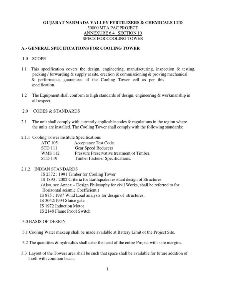 Cooling Tower Specifications Overview | PDF | Lumber | Gear
