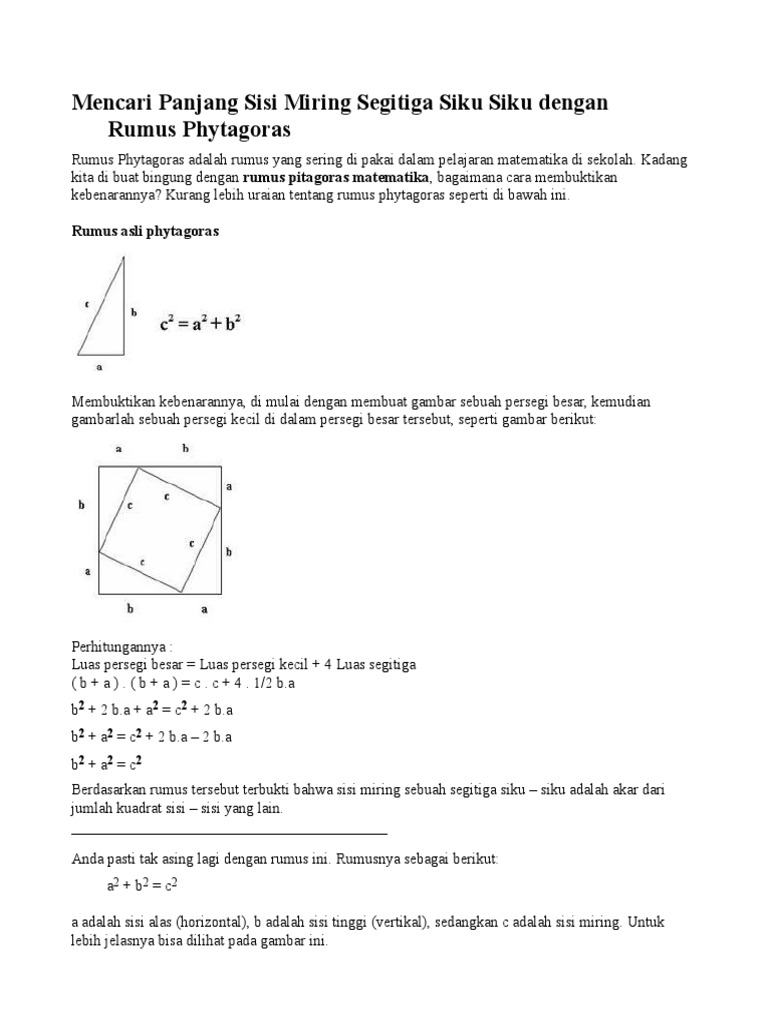 Mencari Panjang Sisi Miring Segitiga Siku Siku Dengan Rumus Phytagoras