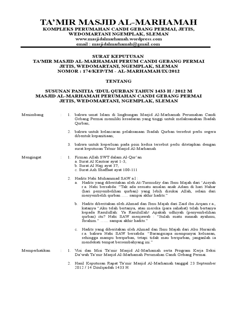 Contoh Sk Panitia Qurban Masjid Dunia Sosial Makanlah Daripadanya daging qurban berilah makan orang lain dari padanya daging qurban dan simpanlah HR.