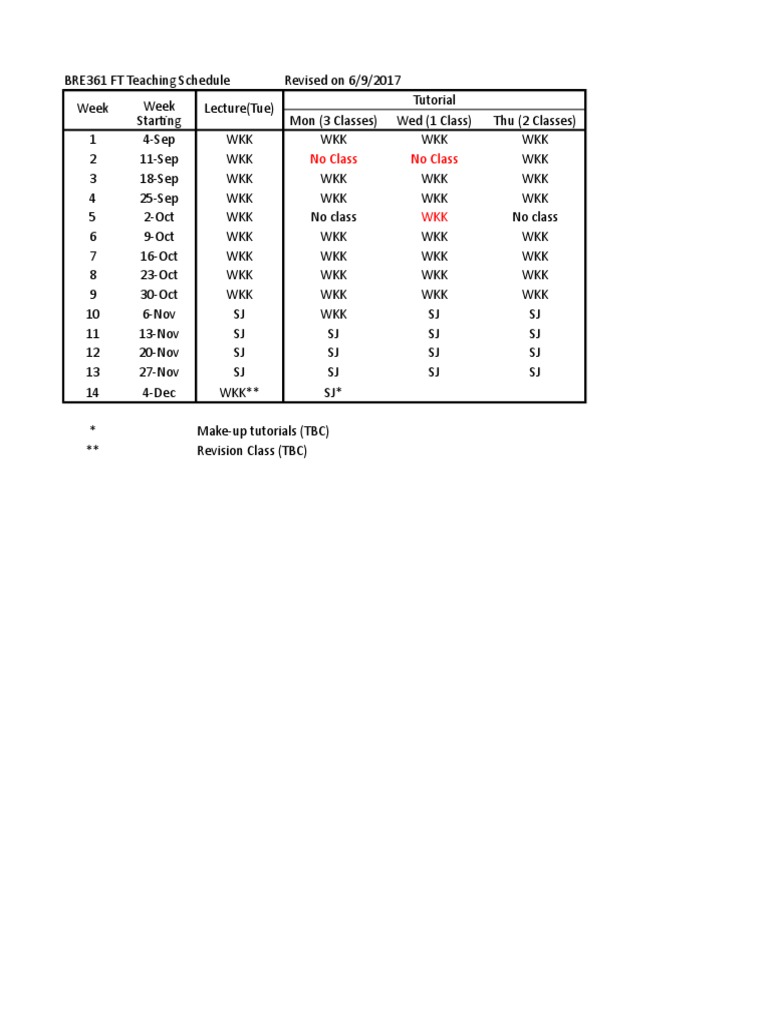BRE361 FT Lecture & Tutorial Schedule 20170906 | PDF