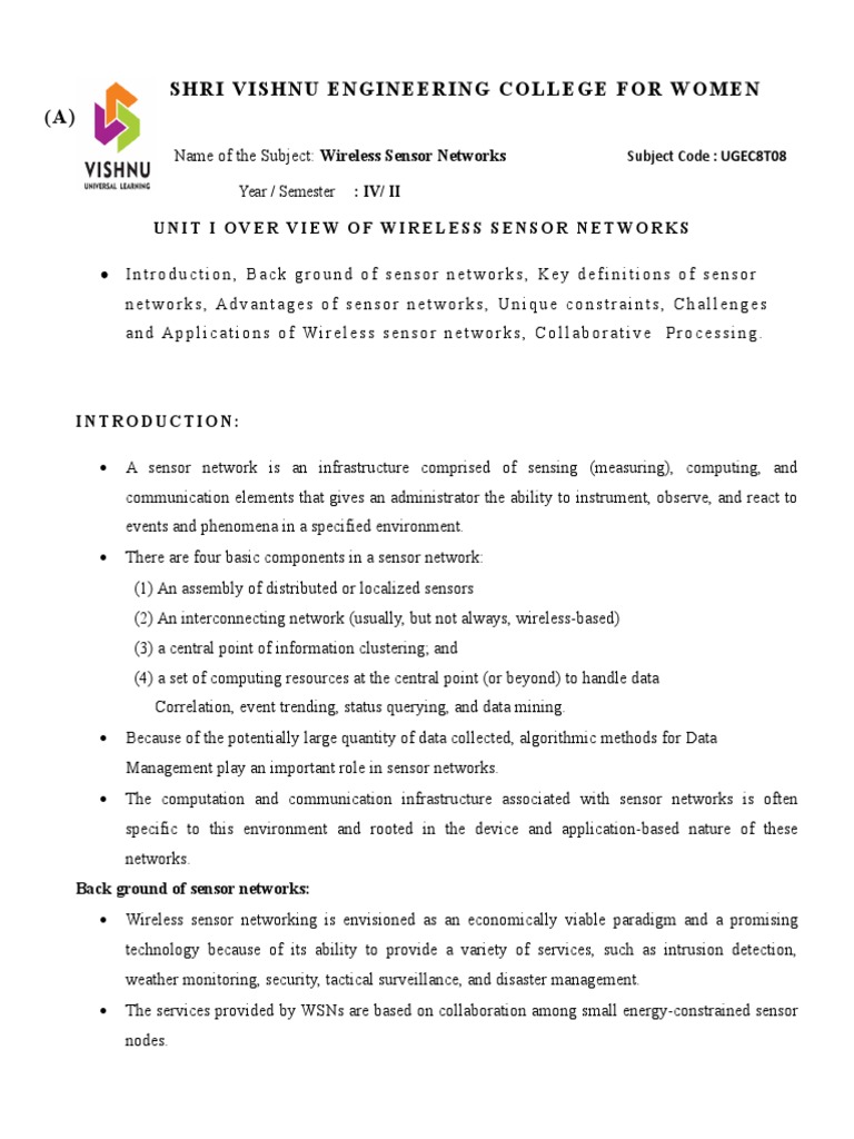 WSN Lecturer Notes Unit1 | PDF | Wireless Sensor Network | Computer Network