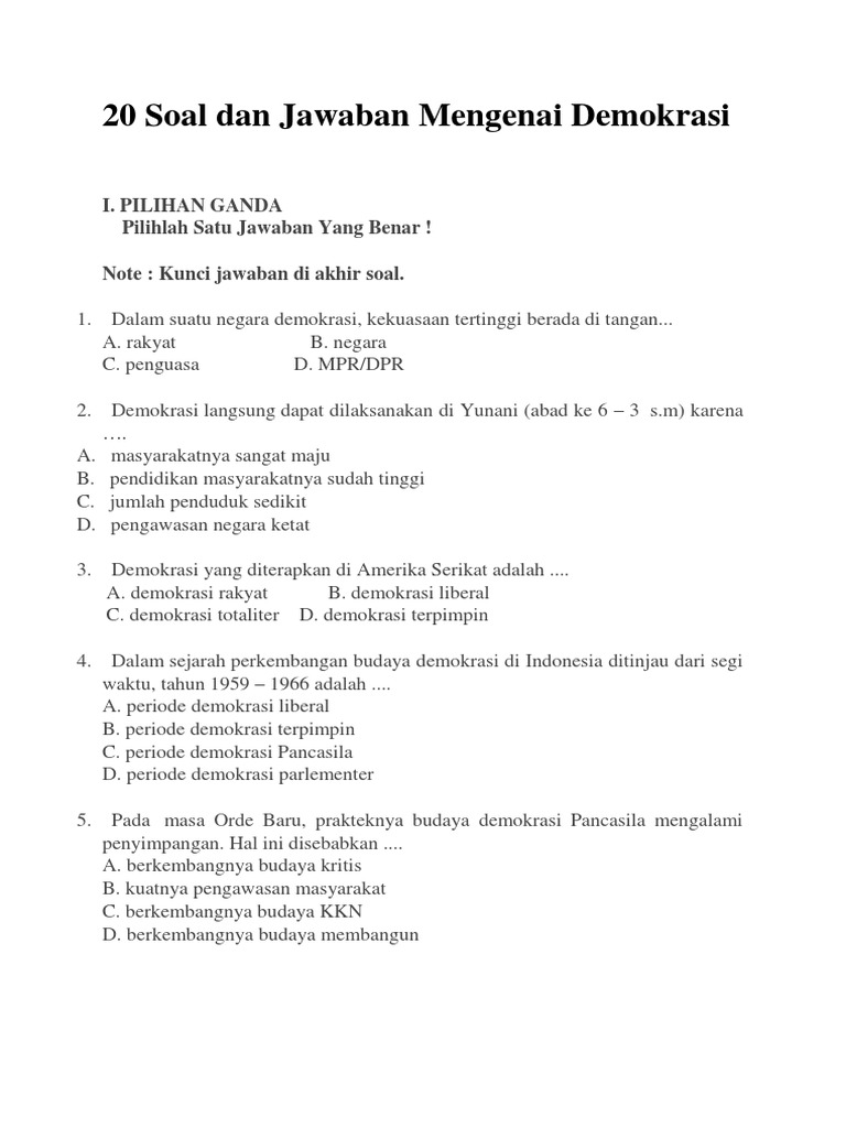 20 Soal Dan Jawaban Mengenai Demokrasi Docx
