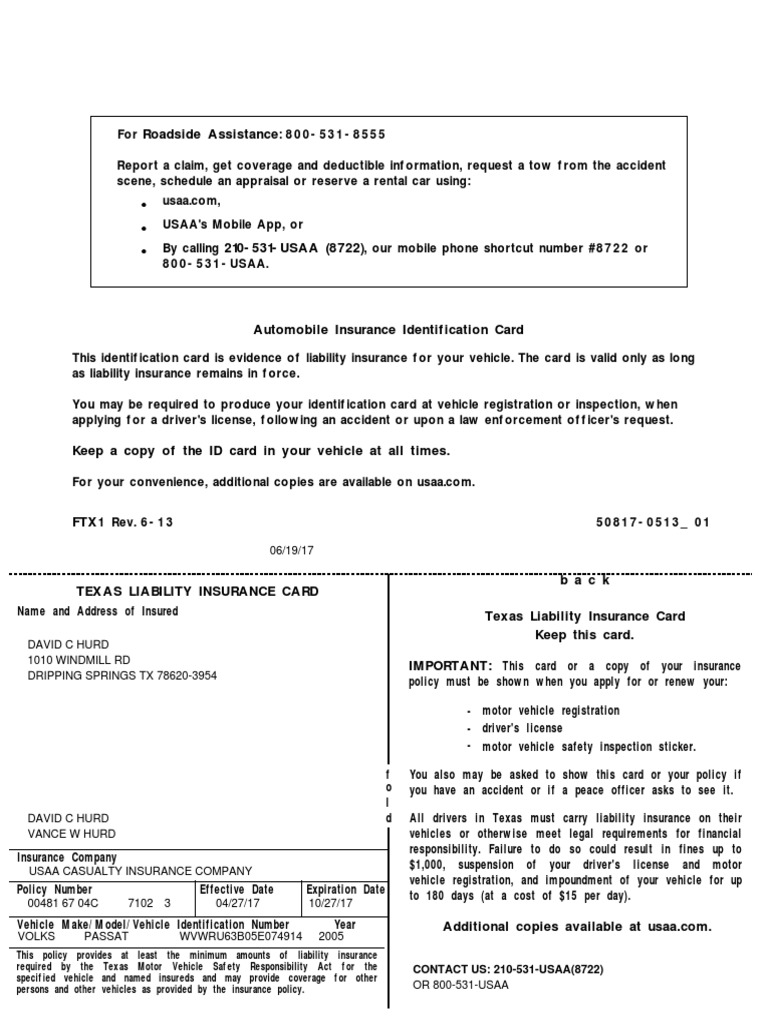 Texas Auto Insurance Id Card