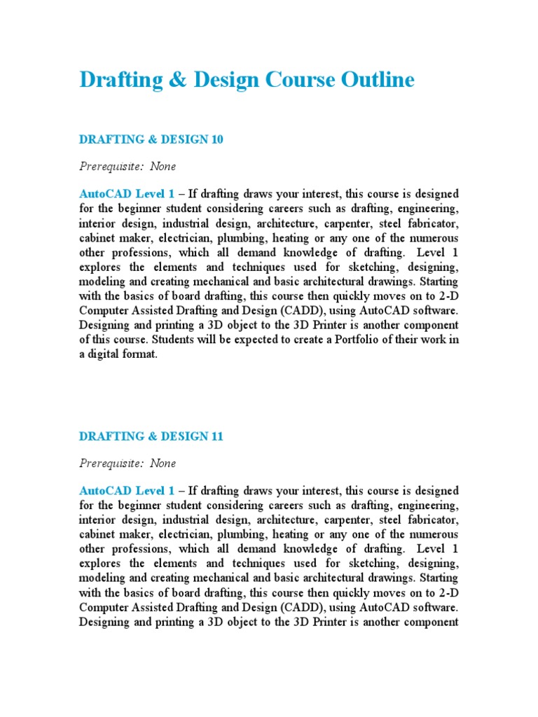 drafting course outline Technical Drawing Computer Aided Design