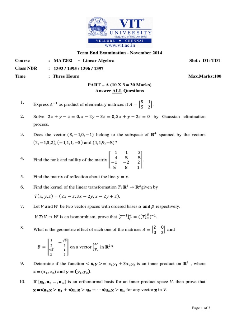Linear Algebra Exam - November 2014 | PDF | Vector Space | Matrix ...