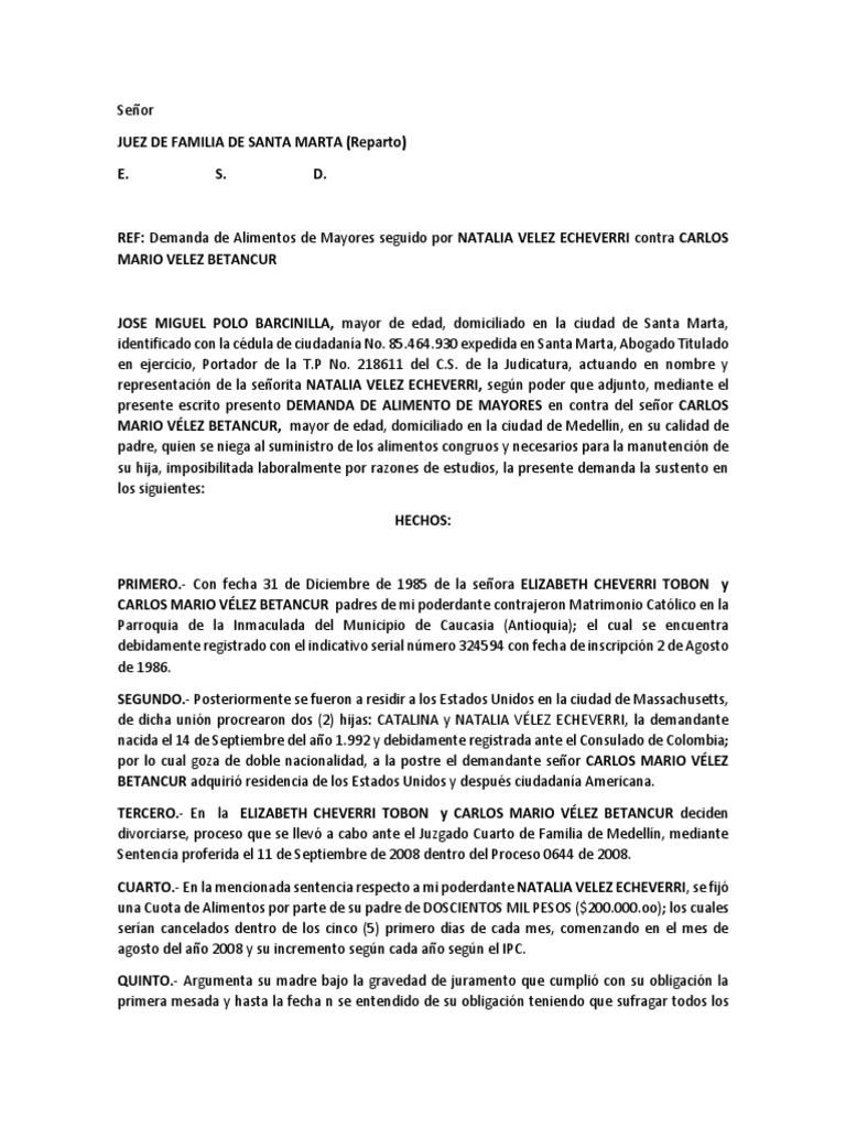 Demanda de Alimentos de Mayores Demanda judicial Colombia