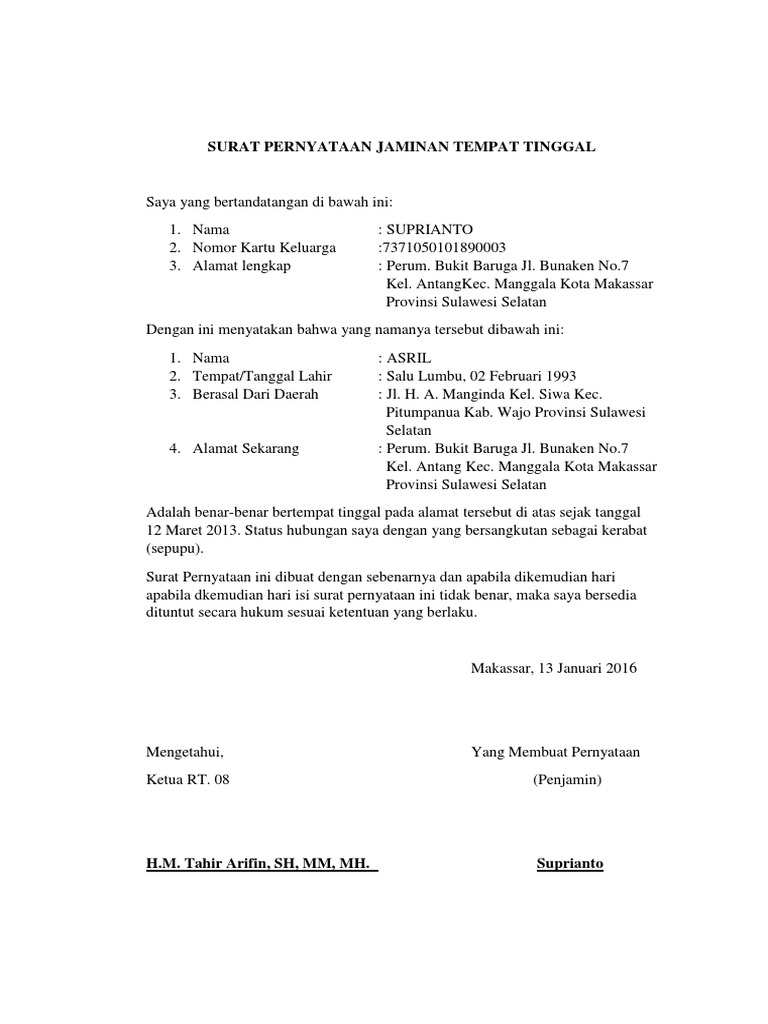 Surat Pernyataan Jaminan Tempat Tinggal