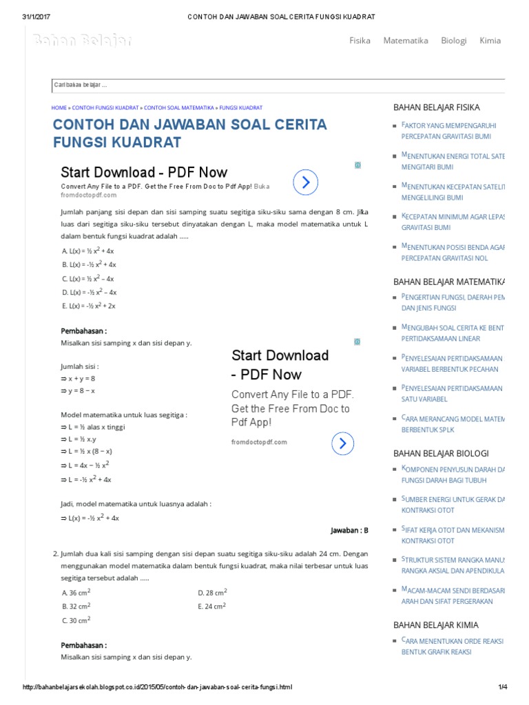 Contoh Dan Jawaban Soal Cerita Fungsi Kuadrat