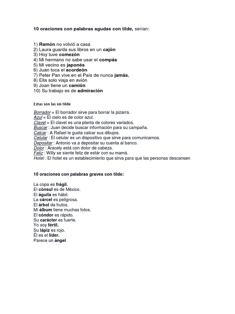 10 Oraciones Con Palabras Agudas Con Tilde
