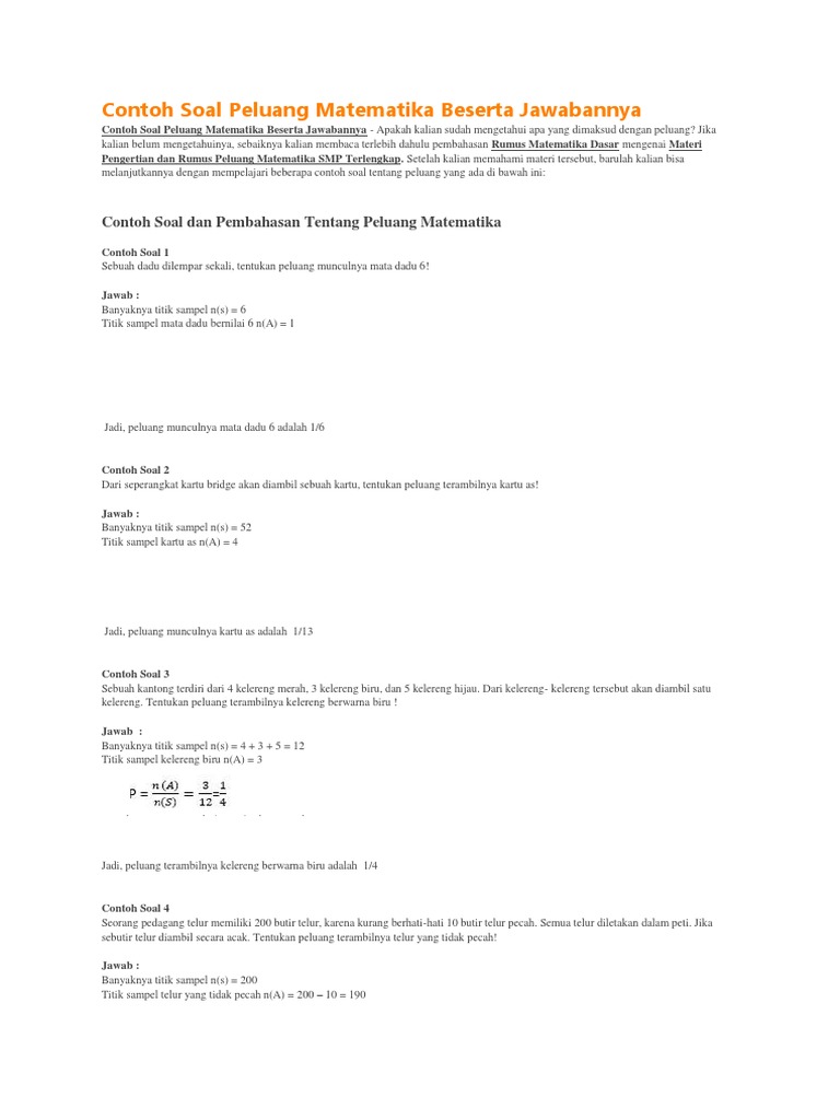 Contoh Soal Peluang Matematika Beserta Jawabannya