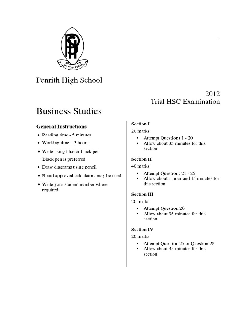 HSC Business Studies Trial Exam 2012 | PDF | Working Capital | Employment