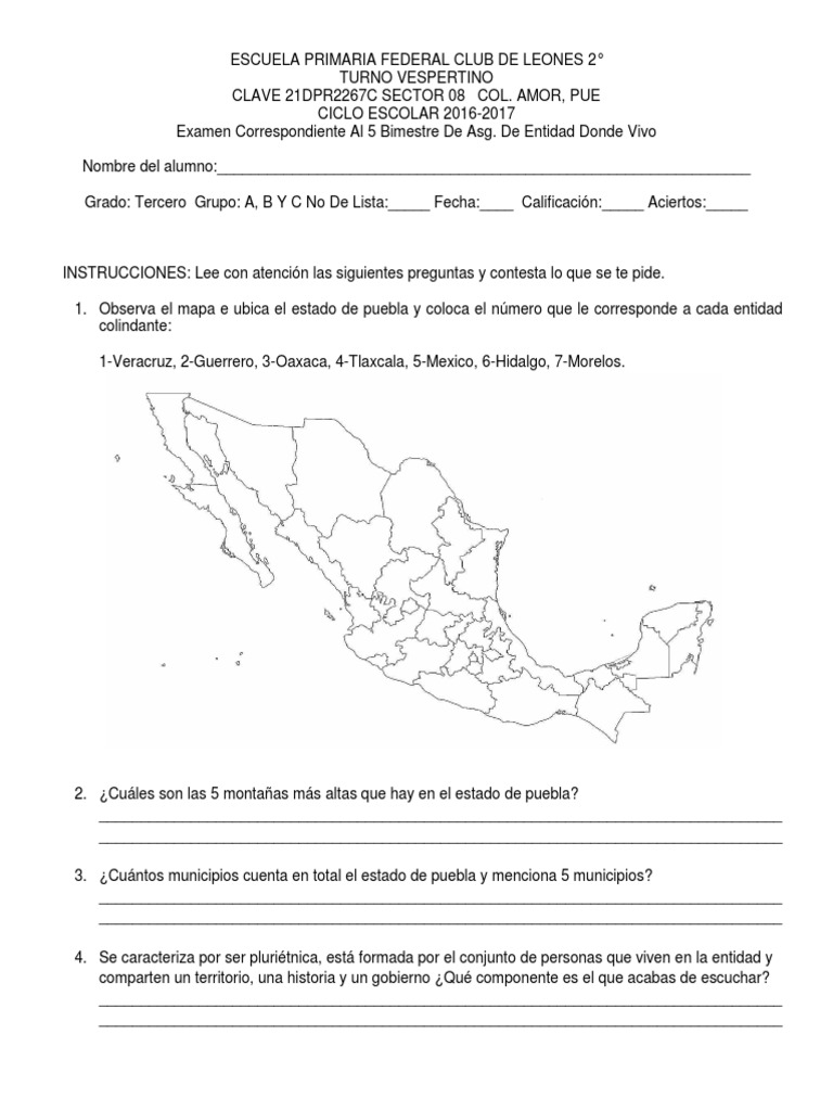 Escuela Primaria Federal Club de Leones 2 Examen Puebla | PDF | México