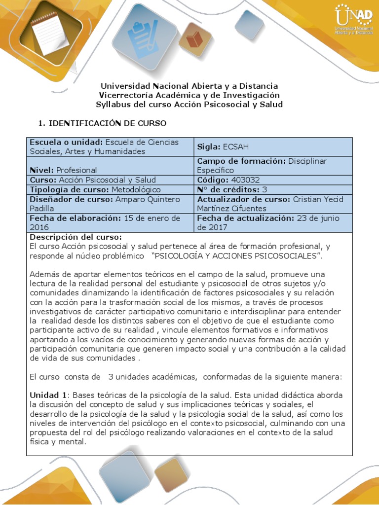 Curso de Acción Psicosocial y Salud UNAD | PDF | Promoción de la salud ...