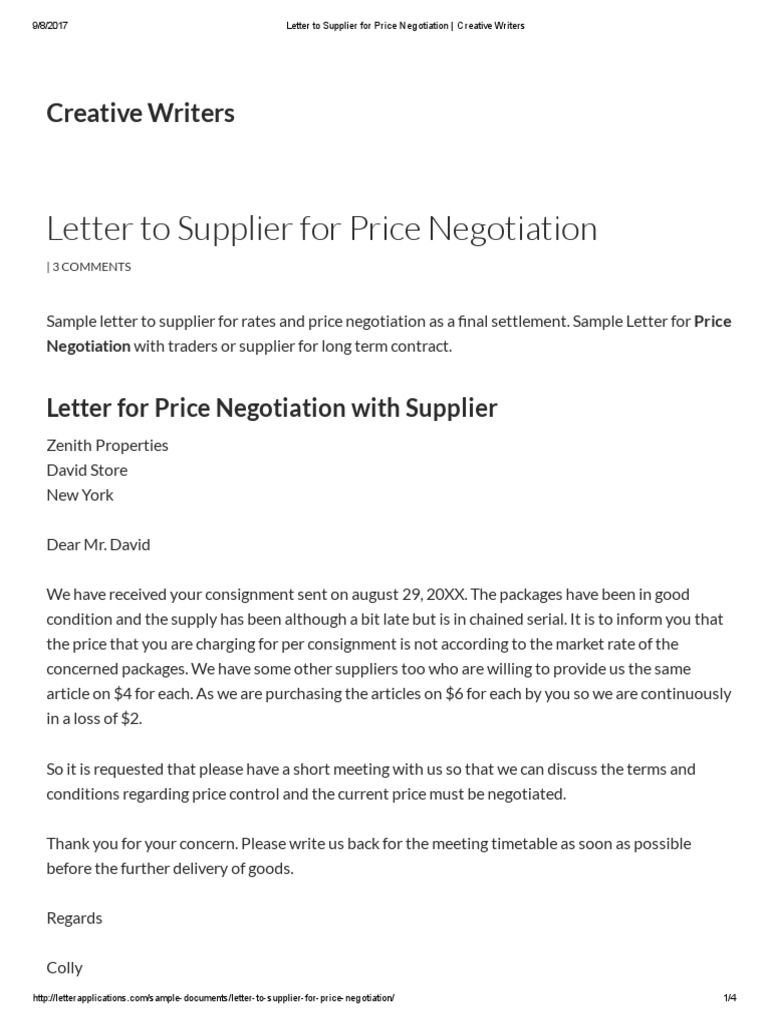 Letter to Supplier for Price Negotiation _ Creative Writers
