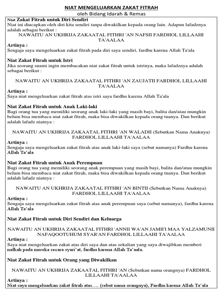 Niat Mengeluarkan Zakat Fitrah