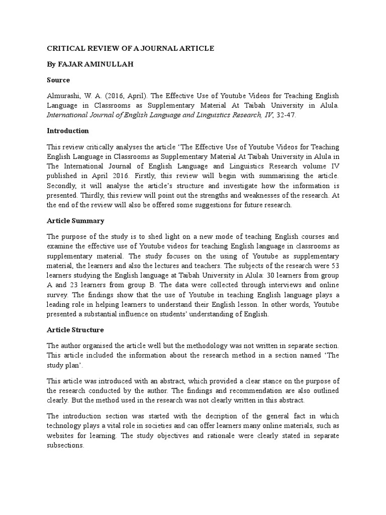 Critical Review of A Journal Article | PDF | Survey Methodology 