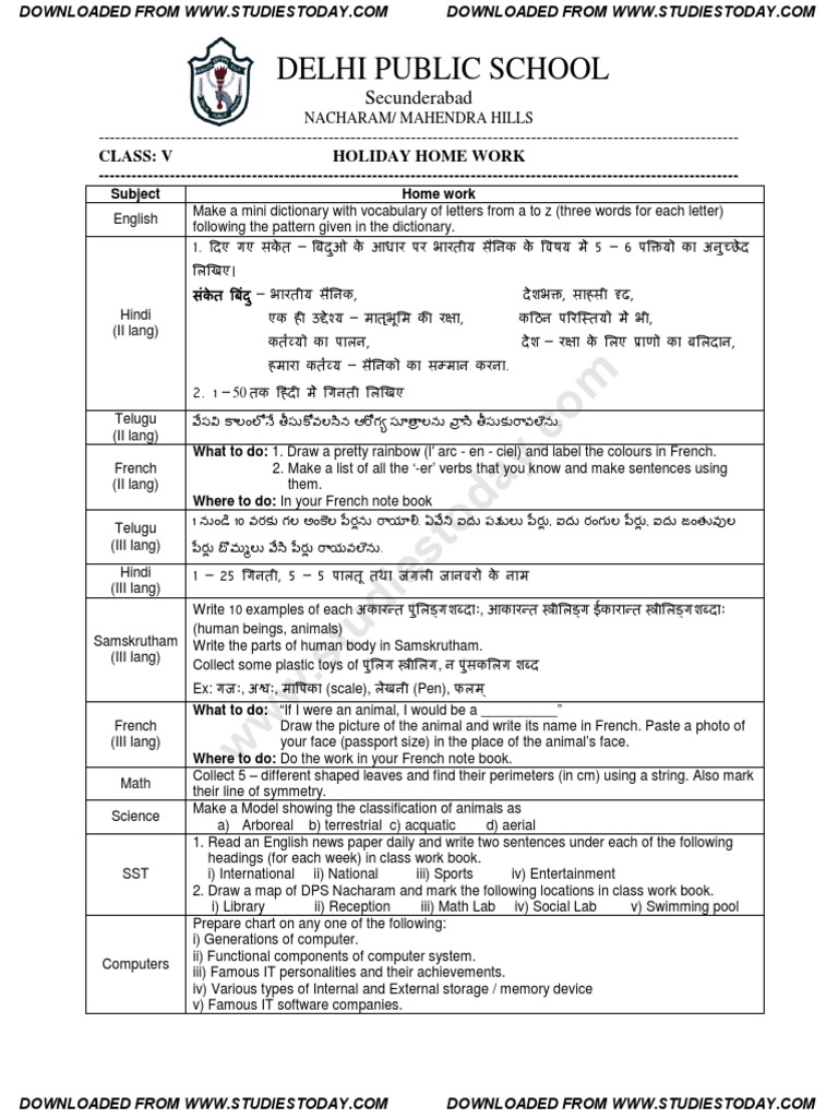 Class 5 Holiday Homework Assignments | PDF | Semiotics | Linguistics