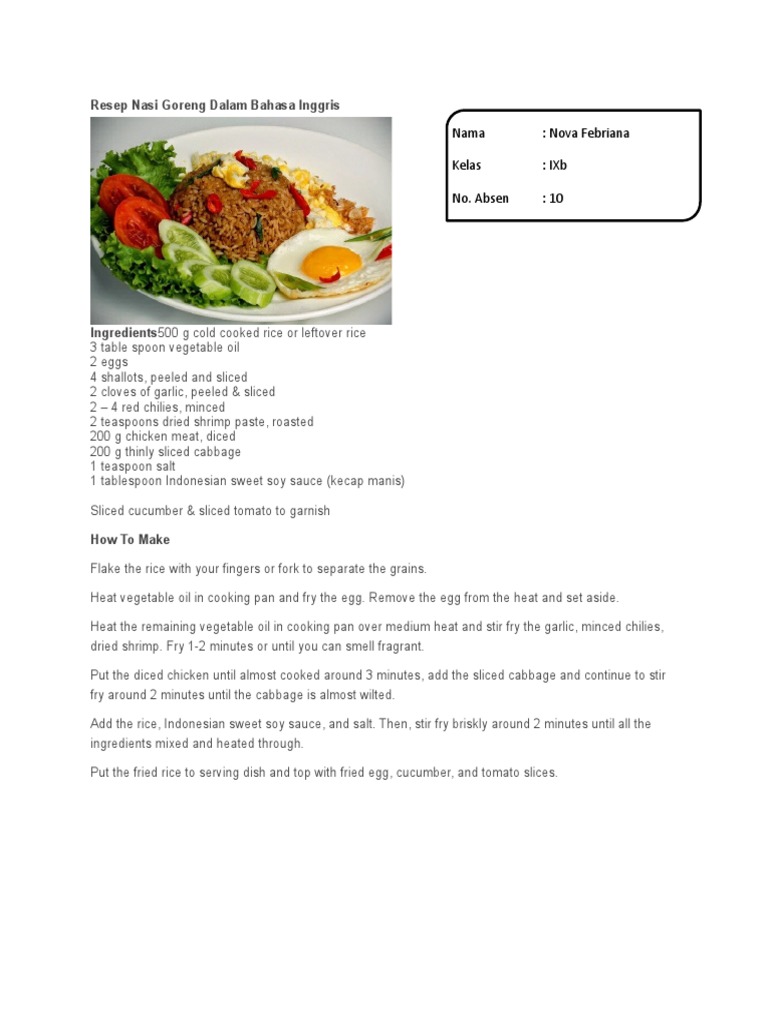 Resep Nasi Goreng Dalam Bahasa Inggris | PDF | Indonesian Cuisine