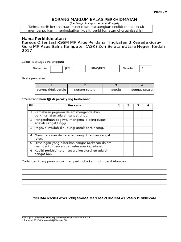 Pk052 Borang Maklum Balas Perkhidmatan