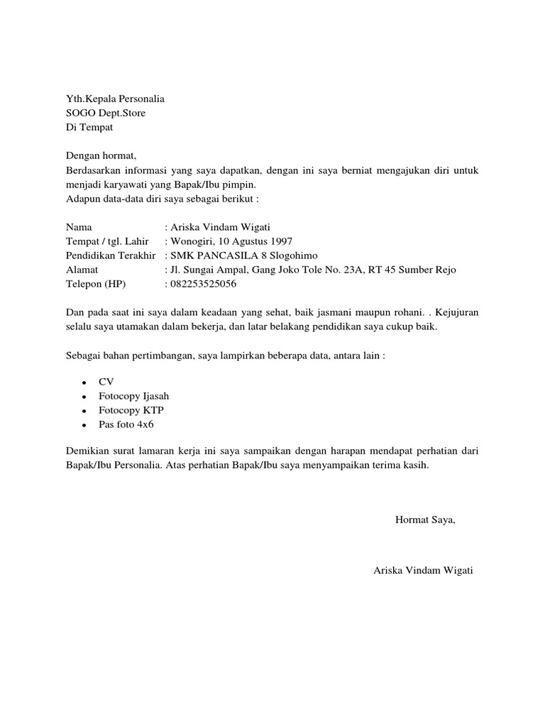 Contoh Surat Lamaran Kerja Spg Matahari Department Store ...
