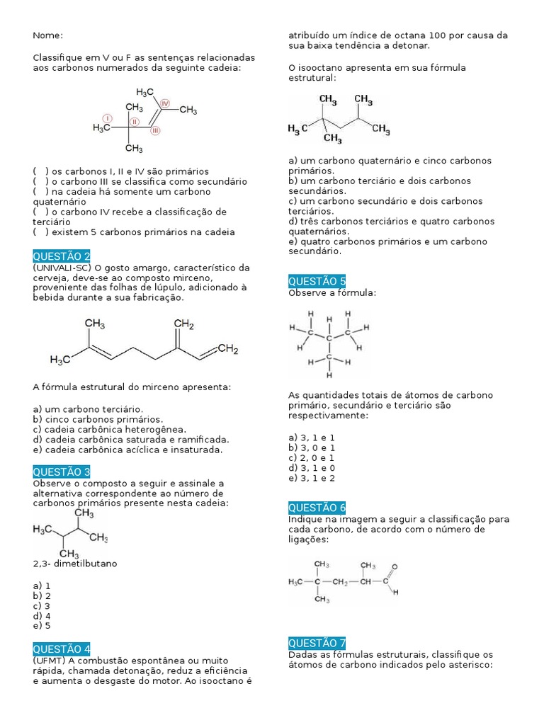 Atividade quimica organica.docx | Carbono | Química