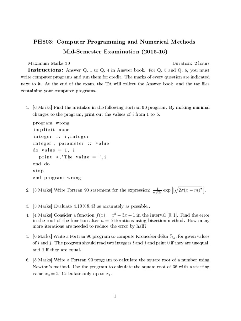 PH803 Mid-Sem Exam: Fortran Programming Tasks | PDF