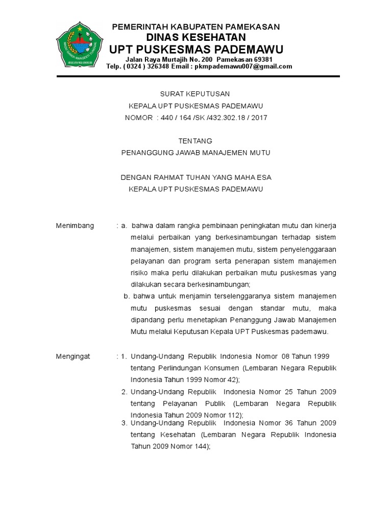 Contoh Sk Penanggung Jawab Manajemen Mutu Puskesmas