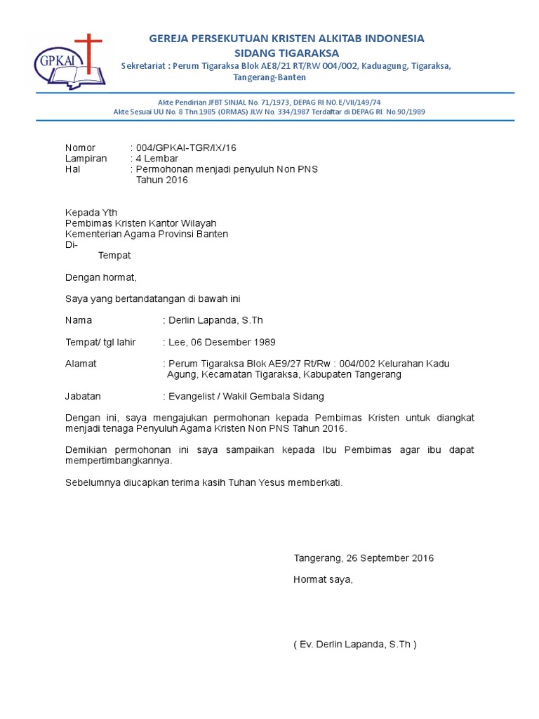 Contoh Surat Lamaran Penyuluh Agama Kristen Non Pns