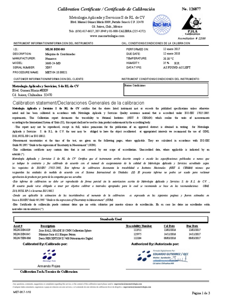 Calibration Certificate / Certificado de Calibración PDF