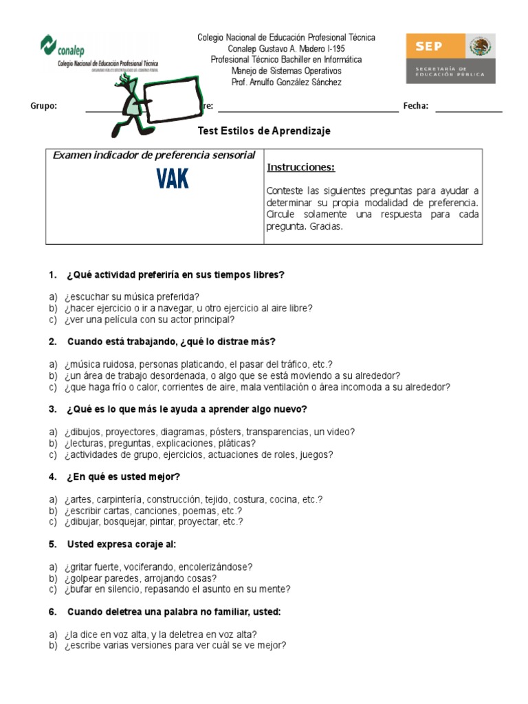 Test de Estilos de Aprendizaje VAK | PDF | Aprendizaje | Sicología