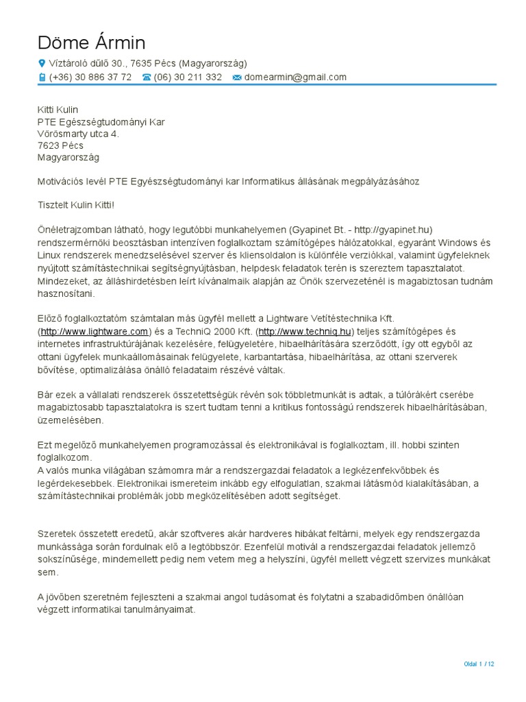 Informatikus - Közigállás - CV: Döme Ármin | PDF