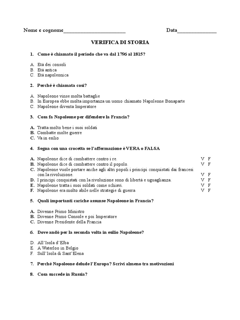 Verifiche Di Storia Su Napoleone
