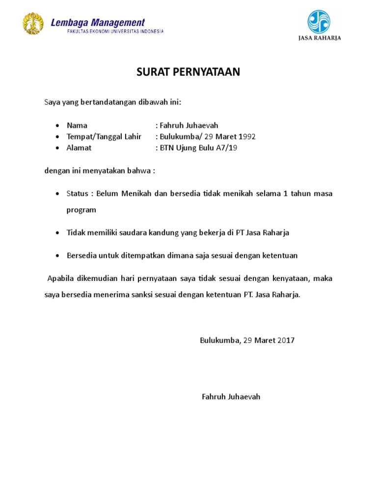 Surat Pernyataan Pt Jasa Raharja 2017 Pdf