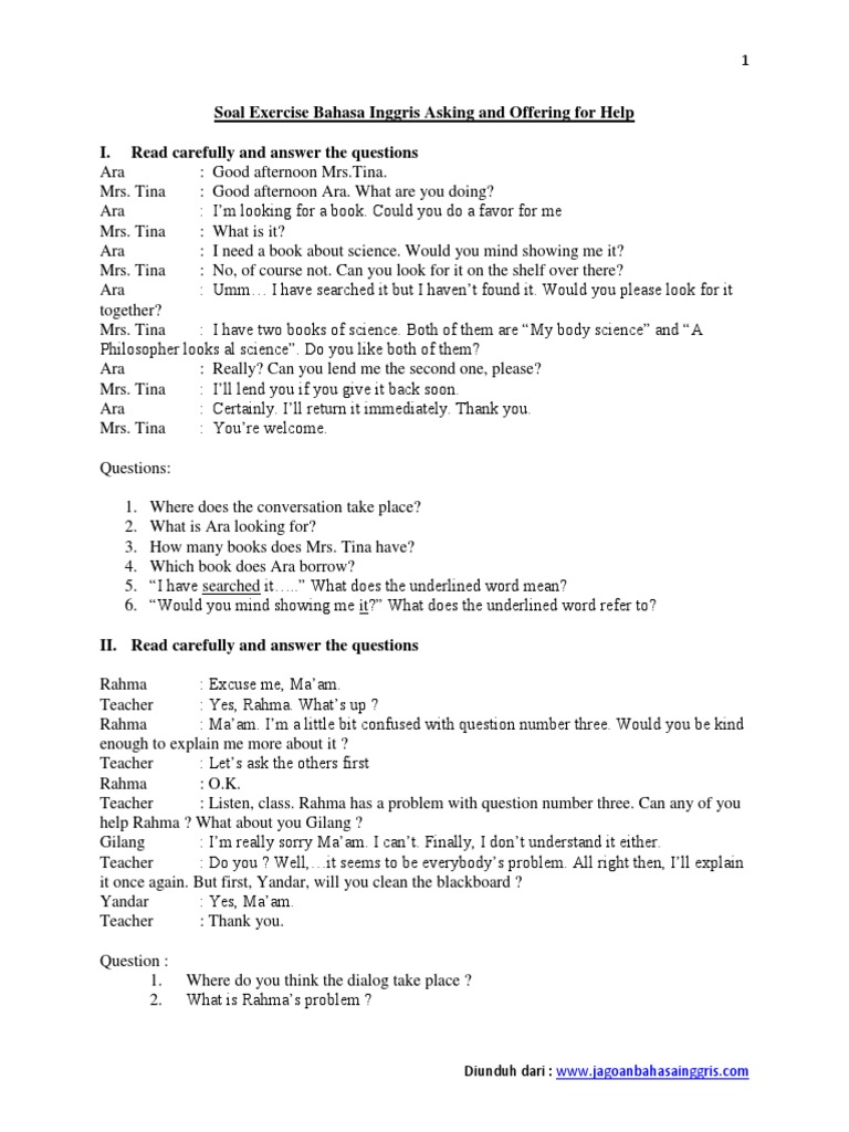 Soal Exercise Bahasa Inggris Asking and Offering for Help