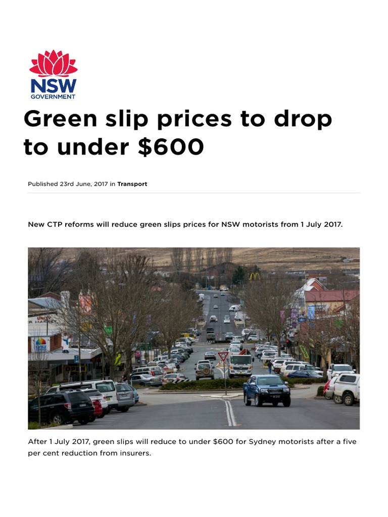 Green slip prices to drop to under 600 Insurance Transport