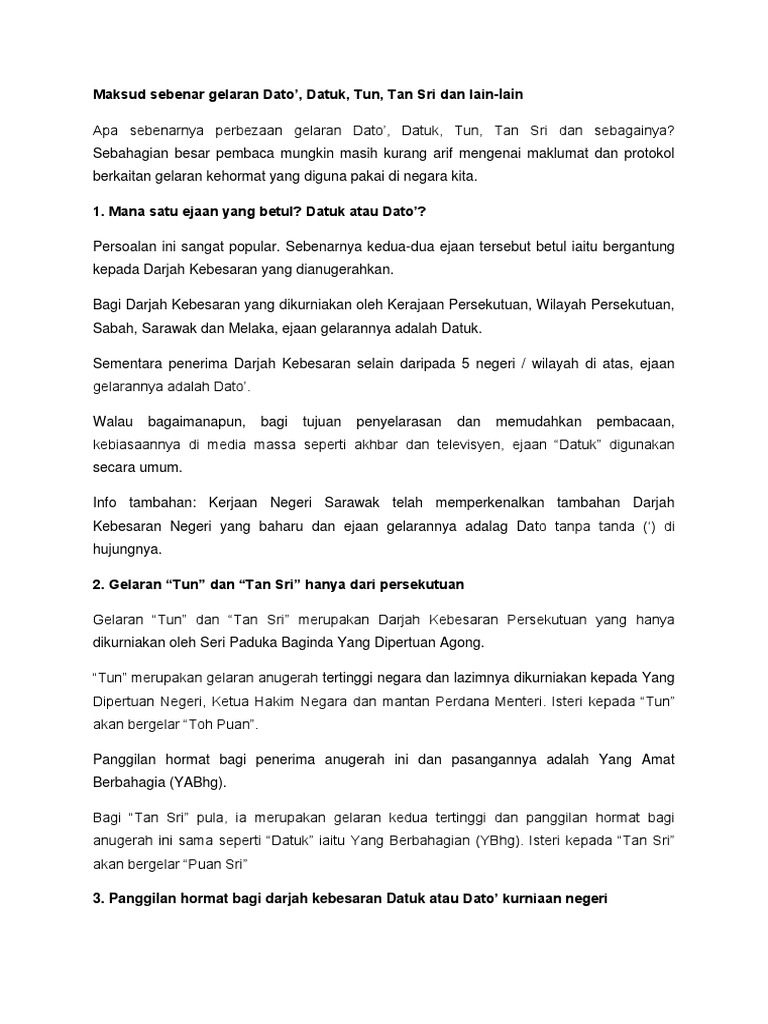 Maksud Sebenar Gelaran Dato Pdf