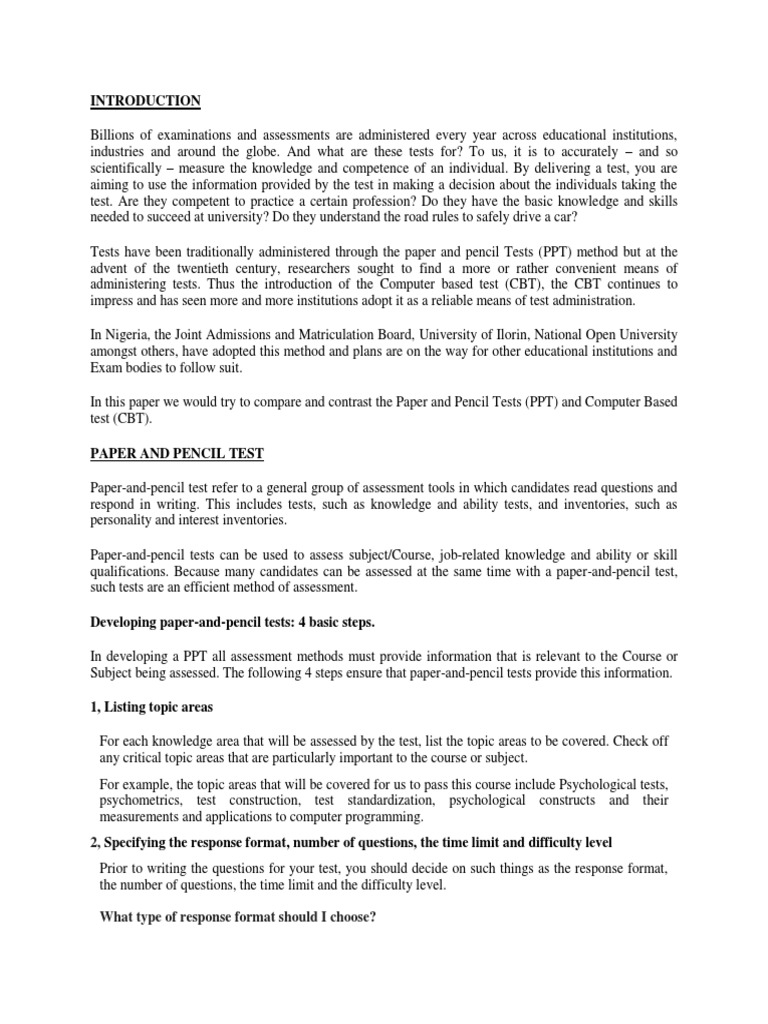 Paper and Pencil Test PDF Test (Assessment) Multiple Choice