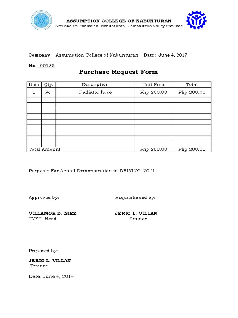 Sample Equipment Purchase Request PDF