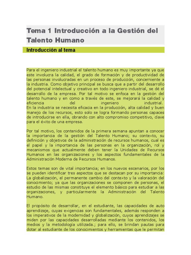 Introducción a la Gestión del Talento Humano | PDF | Gestión del ...