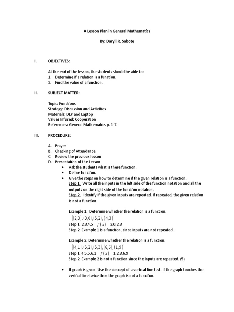 Functions in General Mathematics Lesson Plan | PDF | Function ...