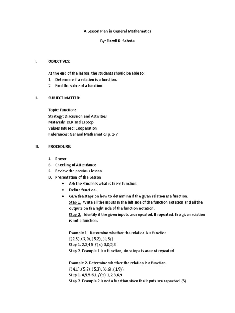 A Lesson Plan in General Mathematics | PDF | Function (Mathematics ...