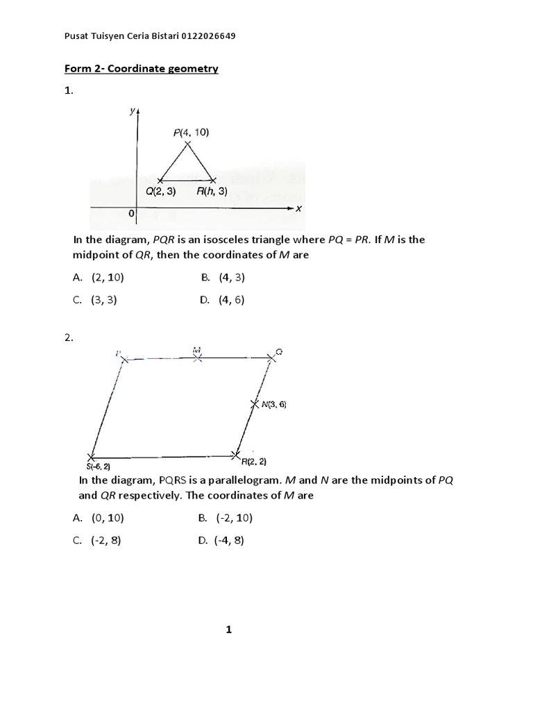 Form 2 Coordinate Geometry Exercises | PDF