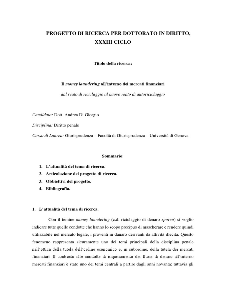Progetto Di Ricerca Per Corso Dottorato in Diritto