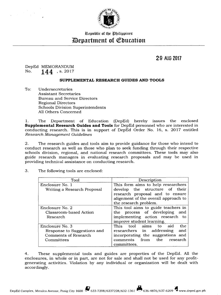 2017 deped pdf memorandum 2017 Memorandum 144  No. DepEd Research  s. Supplemental