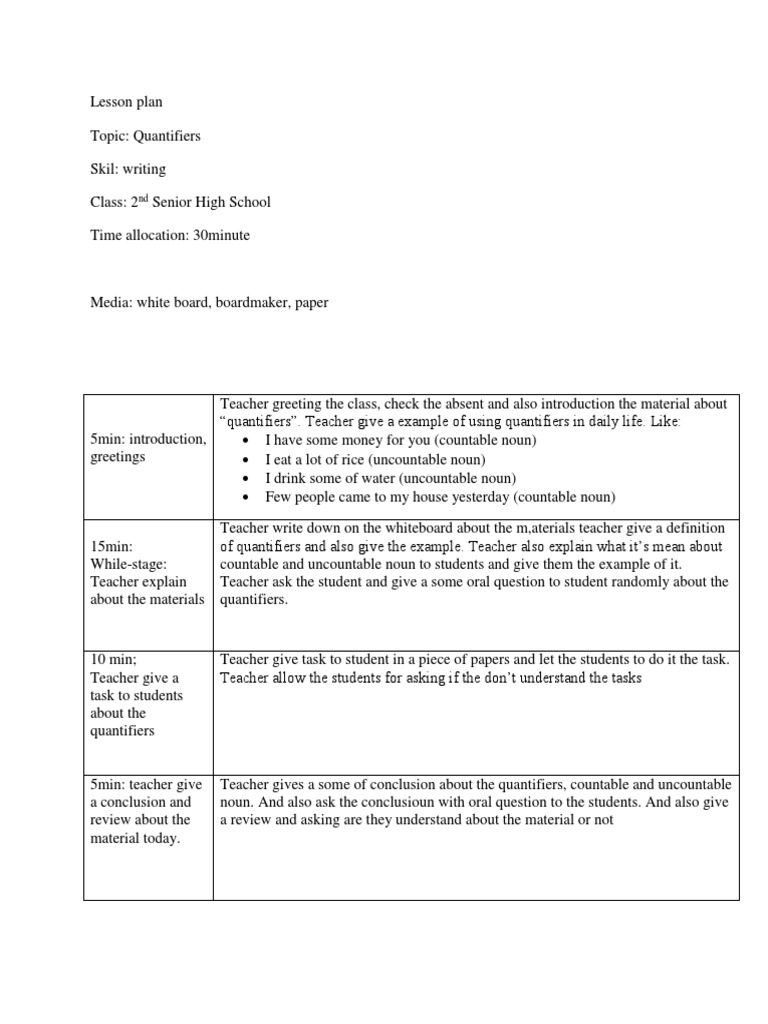Quantifiers Lesson Plan for Nouns | PDF | Noun | Linguistics