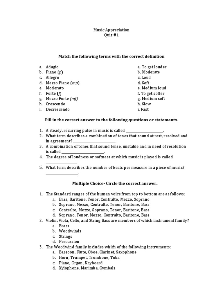 Music Appreciation Quiz 1 PDF Musical Instruments Music Theory