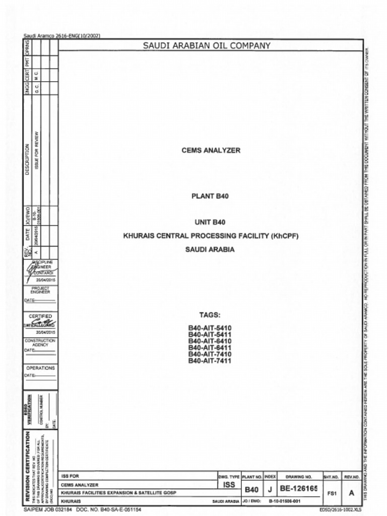 Saudi Aramco CEMS Analyzer Installation Drawing for Khurais Facilities