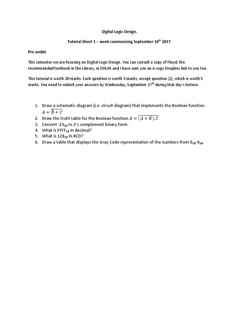 Tutorial Sheet 1 | PDF | Boolean Algebra | Teaching Mathematics