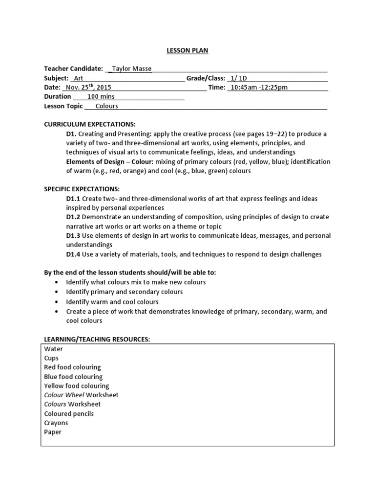 Primary Colors Lesson Plan for Grade 1 | PDF | Blue | Color