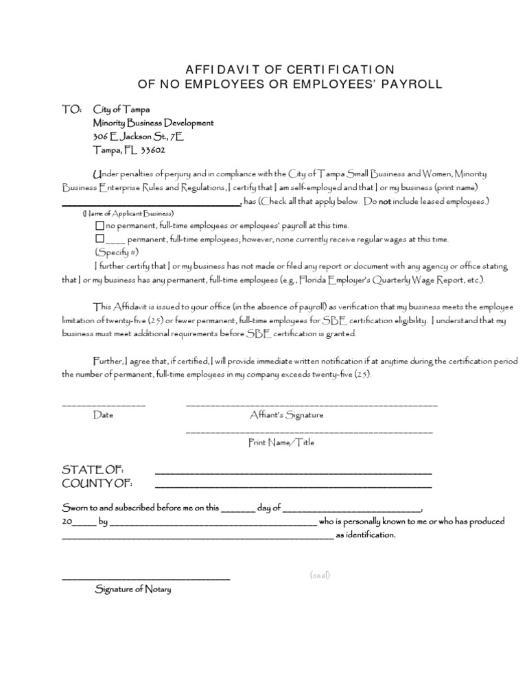 Affidavit Of No Of Employees Affidavit Employment